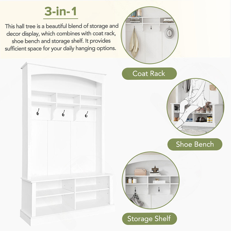 47.2'' Wide Hall Tree with Bench and Shoe Storage, Multi-functional Storage Bench
