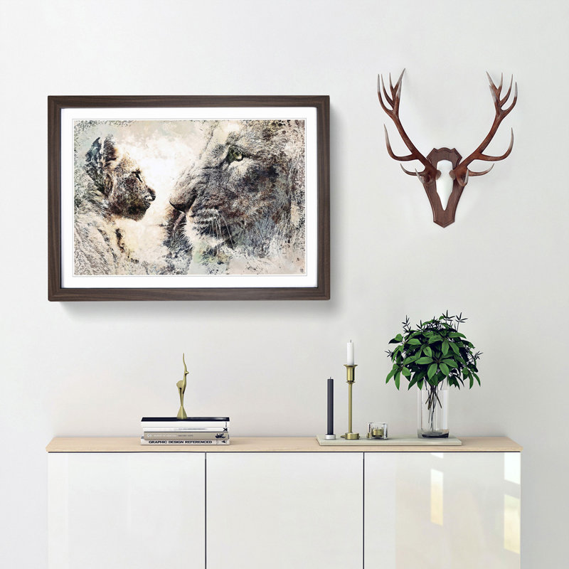Lion Cub with Its Mother in Abstract - Picture Frame Painting Print, 36cm H x 48cm W x 2cm D, Walnut Framed