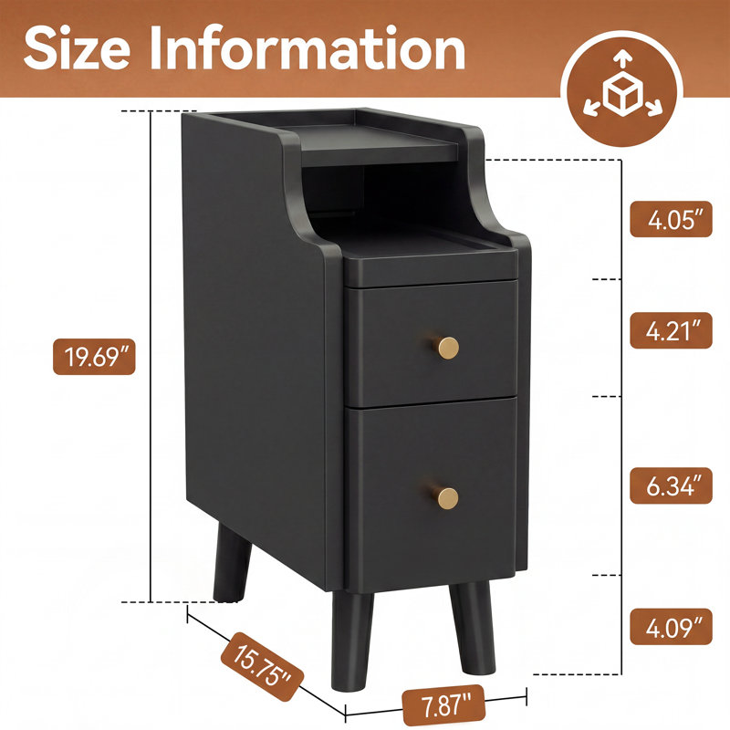 Narrow Nightstand with Drawers, Pre-Assembled Solid Wood Small Skinny Night Stand with Open Sliding Shelf, Set of 2, Black