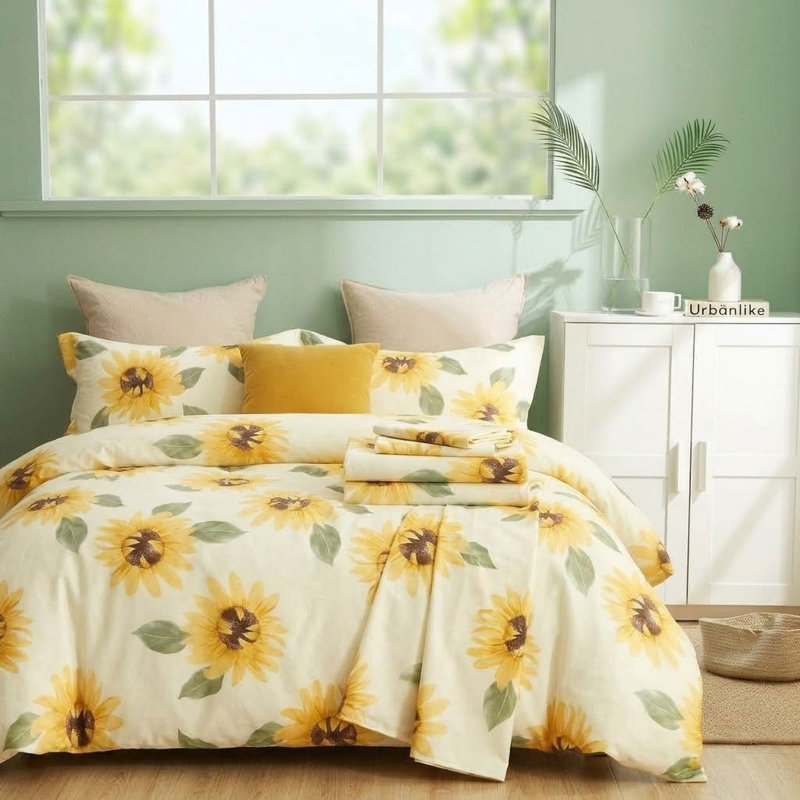 Ensemble de couette Mia Sunflower 100 % coton avec taies d'oreiller, Édredon double/grand et 2 taies décoratives