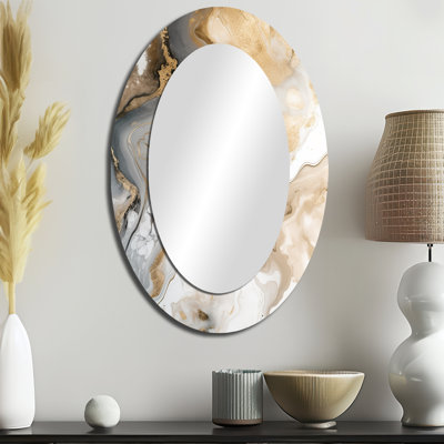 Or et gris A effet marbre V - miroir décoratif ovale abstrait sur métal