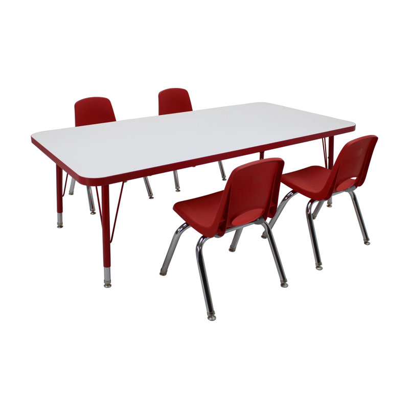 Ensemble de 5 tables d'activités rectangulaires effaçables à sec 30 "x 60" avec pieds standards et chaises empilables 12 "avec glissières pivotantes - tableau blanc / rouge