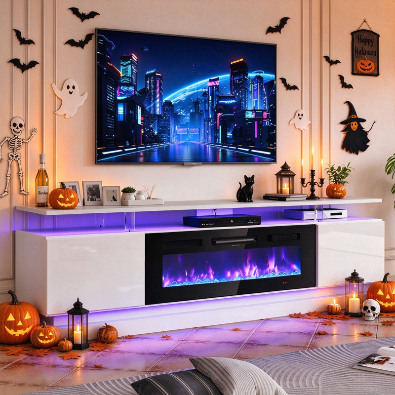 Meuble télé avec foyer électrique Jacob, H 24,2 po x L 70 po x l 13,8 po, Blanc/Noir
