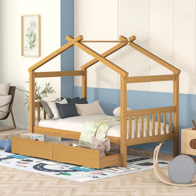 Lit simple en bois avec tiroirs, naturel, Naturel, Lit simple