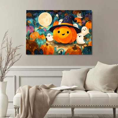 Art mural encadré pour le salon, art moderne sur toile, impression sur toile, citrouille d'Halloween, fantômes et pleine lune