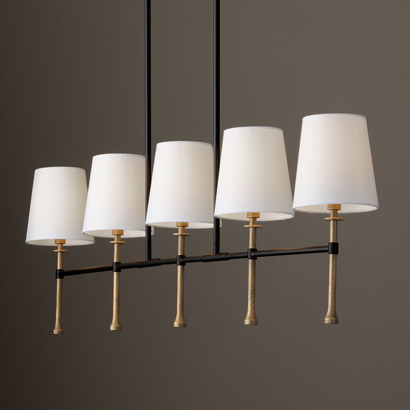 48" W x 18.75" H 5-Light Linear Chandelier in Matte Black with Textured Hammered Gold Tails and White Fabric Shades