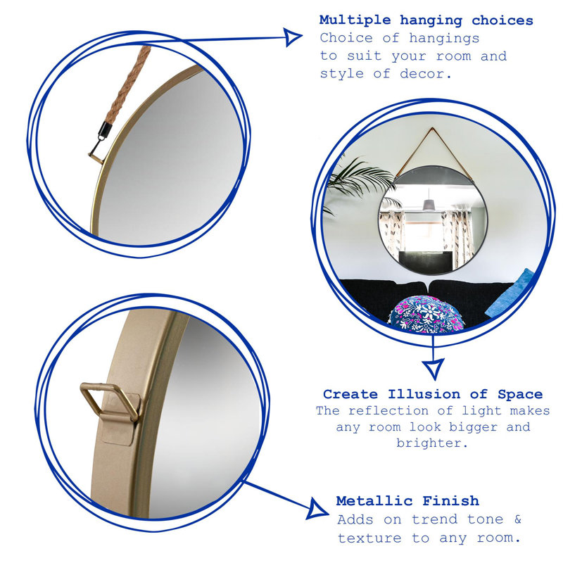 Harbour Housewares - Round Metal Frame Hanging Mirror on Strap, Silver, 40cm H x 40cm W