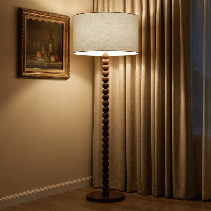 Lampe sur pied 61 po en bois perlé rétro avec abat-jour en lin surdimensionné, lampe sur pied au fini noyer pour salon, chambre à coucher, coin lecture et bureau, homologuée UL, compatible avec les ampoules E26