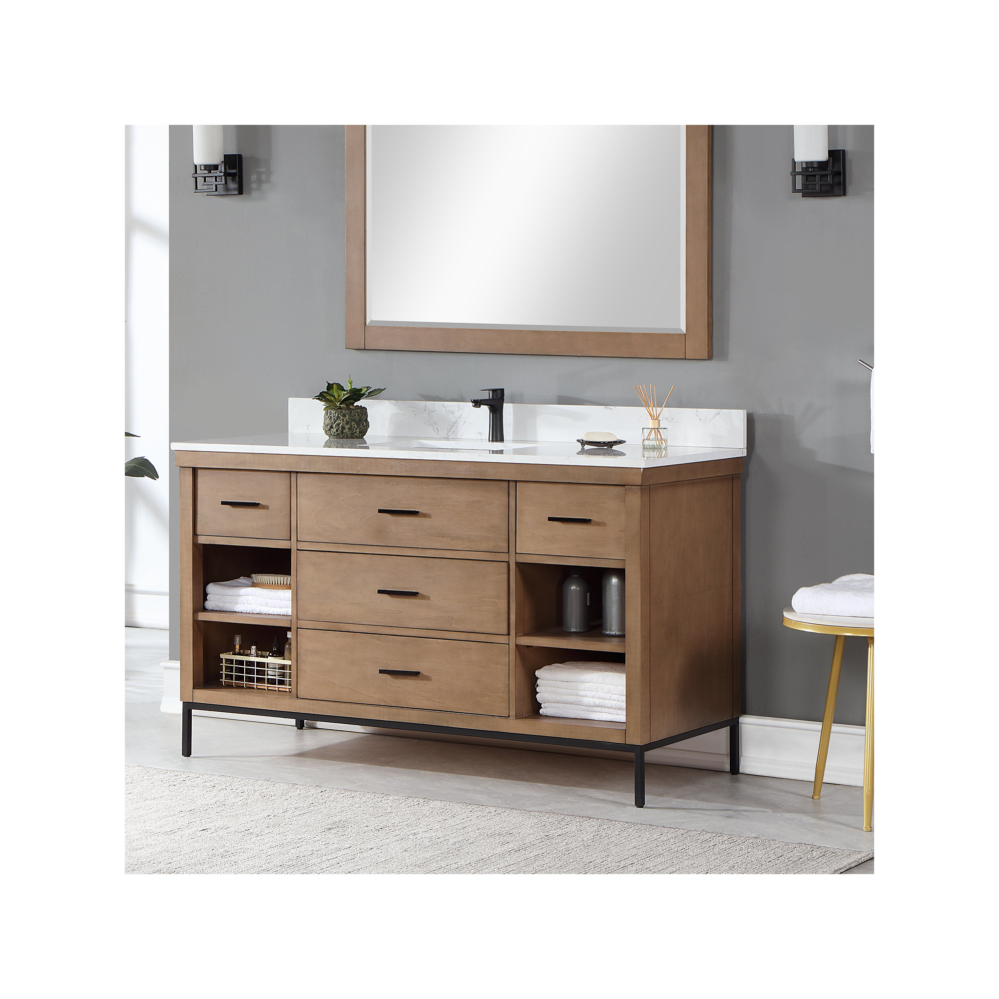 Adaire 60'' Single Bathroom Vanity, Matte Black, Brown