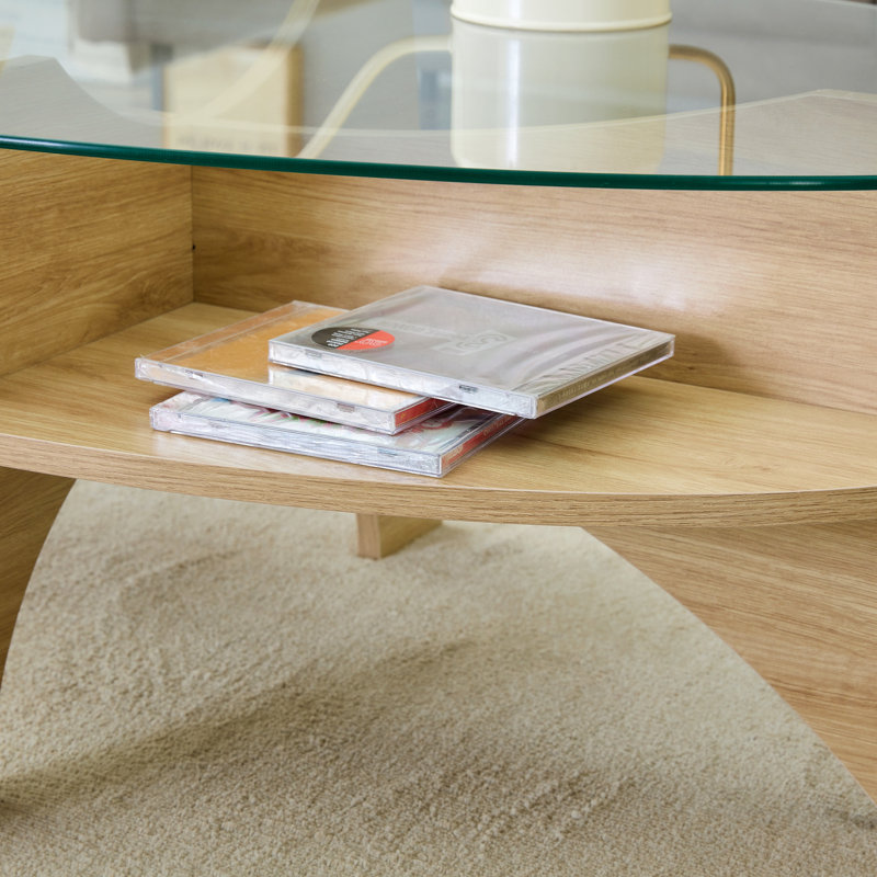 Table basse ovale en verre trempé, Bois naturel