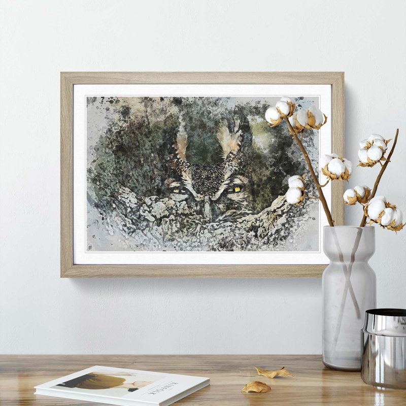 Long-Eared Owl in Abstract - Picture Frame Painting Print, 36cm H x 48cm W x 2cm D, Oak Framed