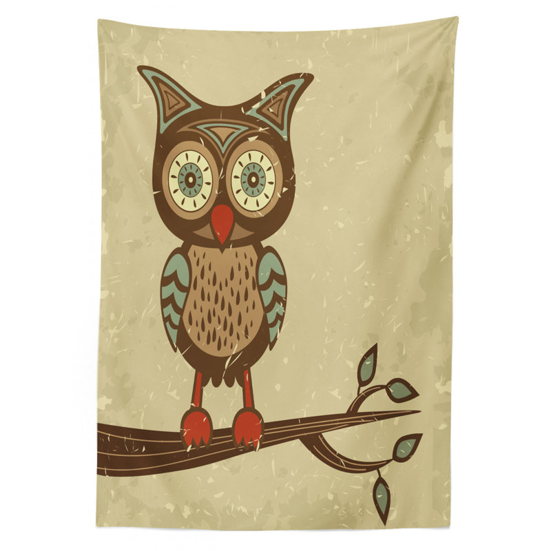 Owl Tablecloth, Owl Sitting On Branch Eyesight Animal Humor Pastel Retro Modern Graphic, Rectangular Table Cover For Dining Room Kitchen Decor, 52" X 70", Brown Cream Teal
