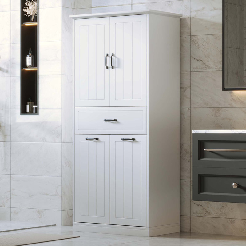 Bathroom Storage Cabinet With Two Laundry Baskets, White