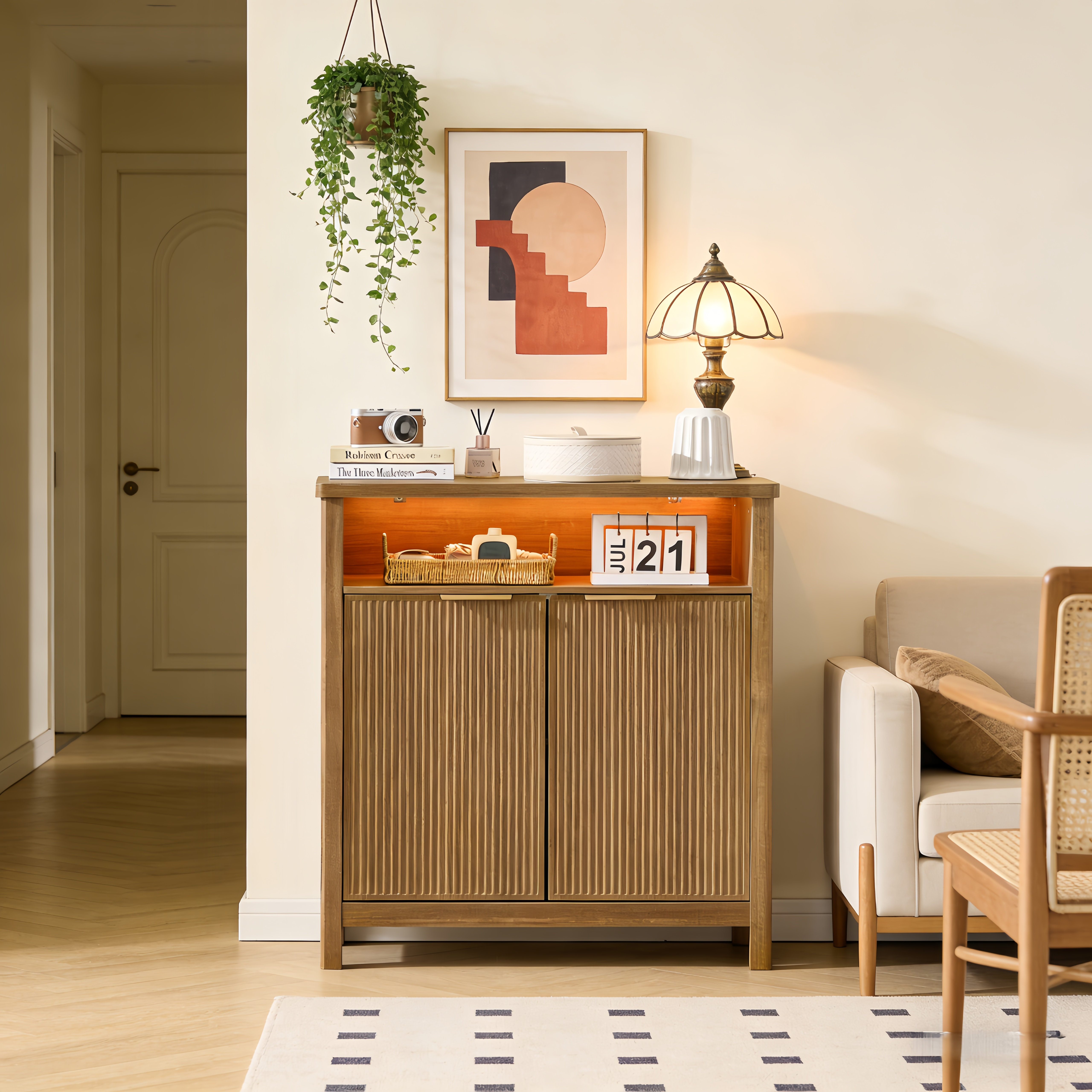 Wrought Studio™ Sideboard 31.3'' Narrow Buffet Cabinet with Storage Cube LED Light Ultra-Modern Black Medium Wood Tone Kitchen Dining Room | Wayfair