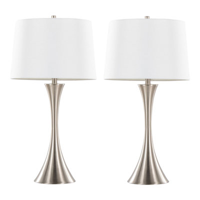 Lampe de table contemporaine en métal 29 po, nickel brossé avec abat-jour en lin texturé blanc, ensemble de 2