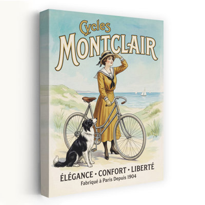 «Elegant Woman Beach Ride Classic Elegant Retro Dog Coastal», reproduction d'art mural