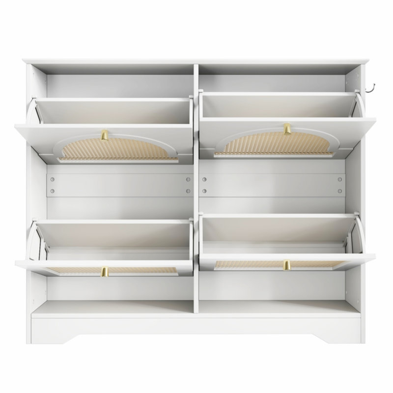 Narrow Design Shoe Organizer with 4 Rattan Doors,hold up to 12 pairs of shoes, White