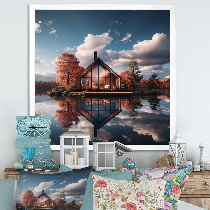 «Lakeside House Autumn Leisure», reproduction sur toile, H 30 po x l 30 po x P 1 po, Cadre simple blanc