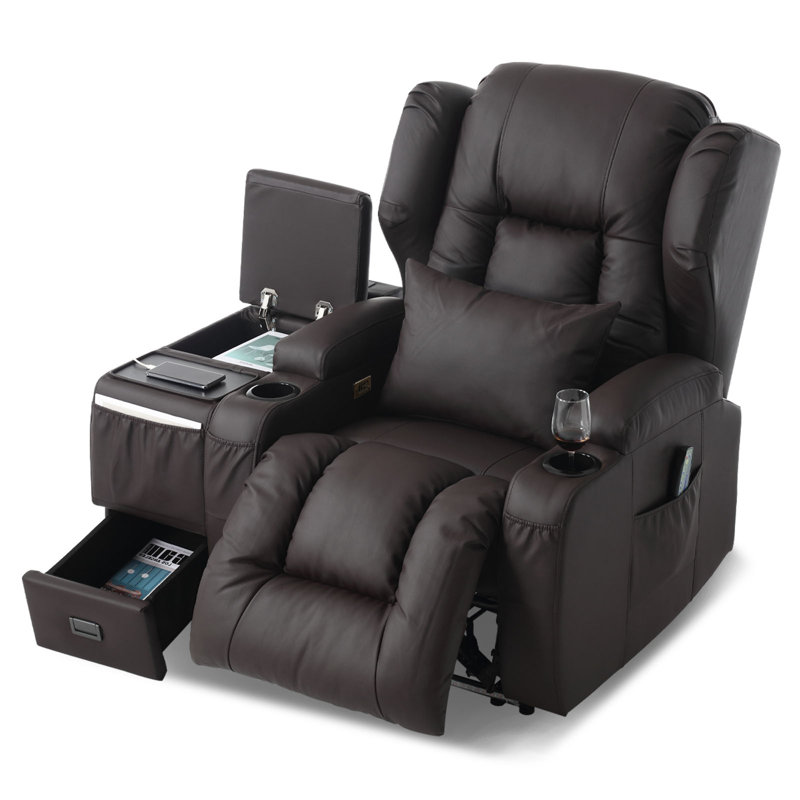 Aguilera Power Recliner Chair with Multi-Functional Console Set, LED Light, Cup Holders, Free Pillows, Brown Faux Leather