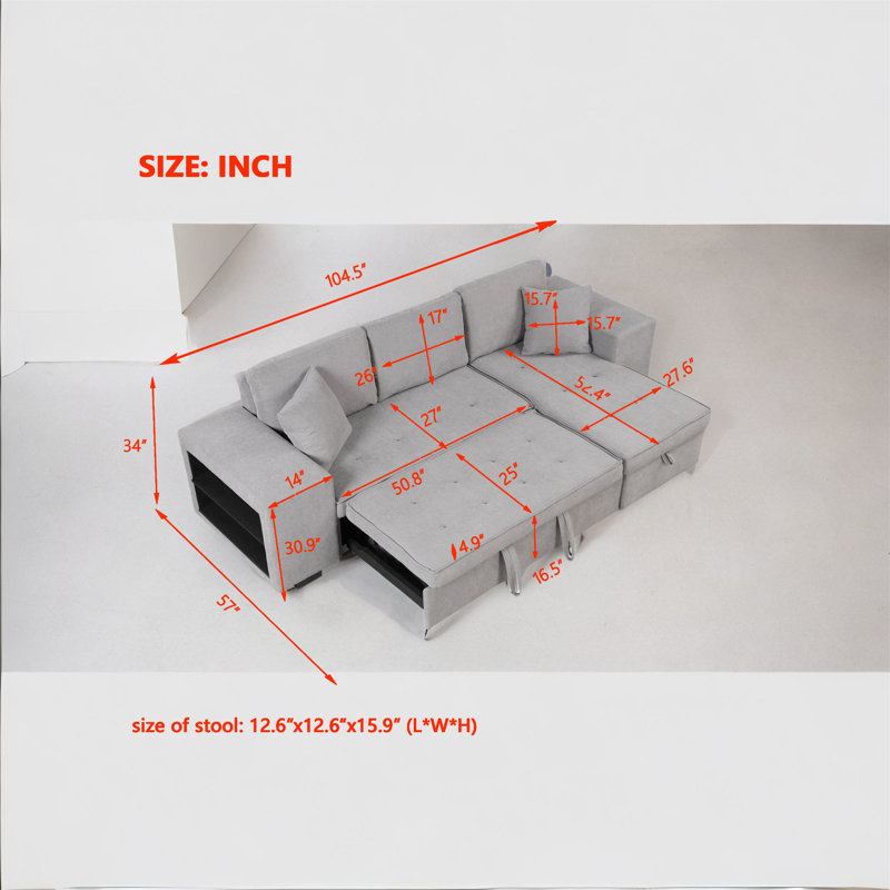 Upholstered L-Shaped Sectional Reversible, Gray Linen Blend
