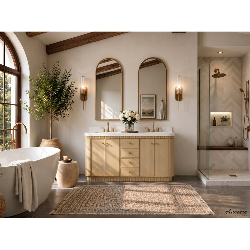 Ensemble de meuble-lavabo 72 po Aston au fini chêne américain avec plateau en quartz blanc alpin, 72 po, Chêne naturel