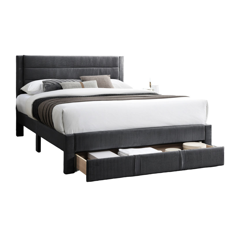 Grand lit avec tête de lit en velours côtelé - Pochette de rangement anthracite et sous le lit dans un tiroir de style moderne