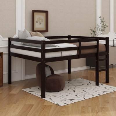 Full-Sized Bed Frame, Compact Rubberwood Loft Bed With Steps