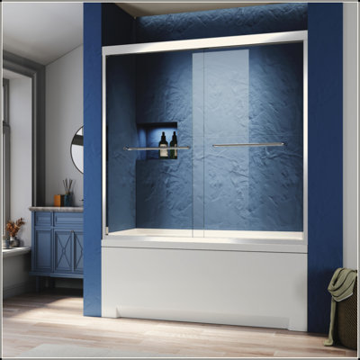 Porte de baignoire double coulissante en verre semi-sans cadre, verre trempé transparent transparent épais, poignées en acier inoxydable 304.