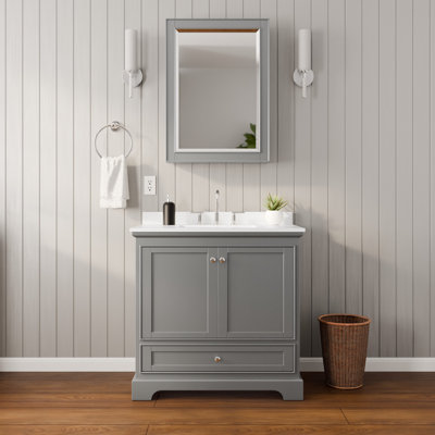 Deborah 36 Inch Single Bathroom Vanity in Dark Gray, White Cultured Marble Countertop, Undermount Square Sink (3-Hole), Polished Chrome Trim, Medicine Cabinet