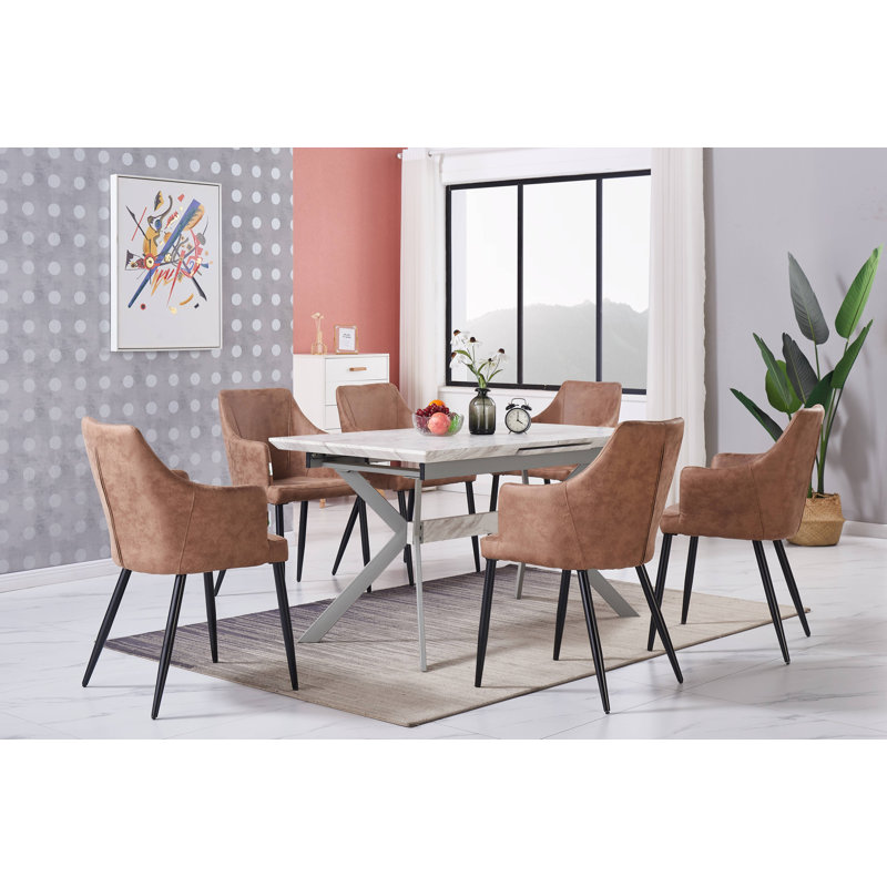Eatonton 6 Person Dining set - a Rectangular Extendable Dining Table with Metal Legs and a Set of 6 Faux Leather Dining Chairs for Dining Room - Modern Dining Table Set