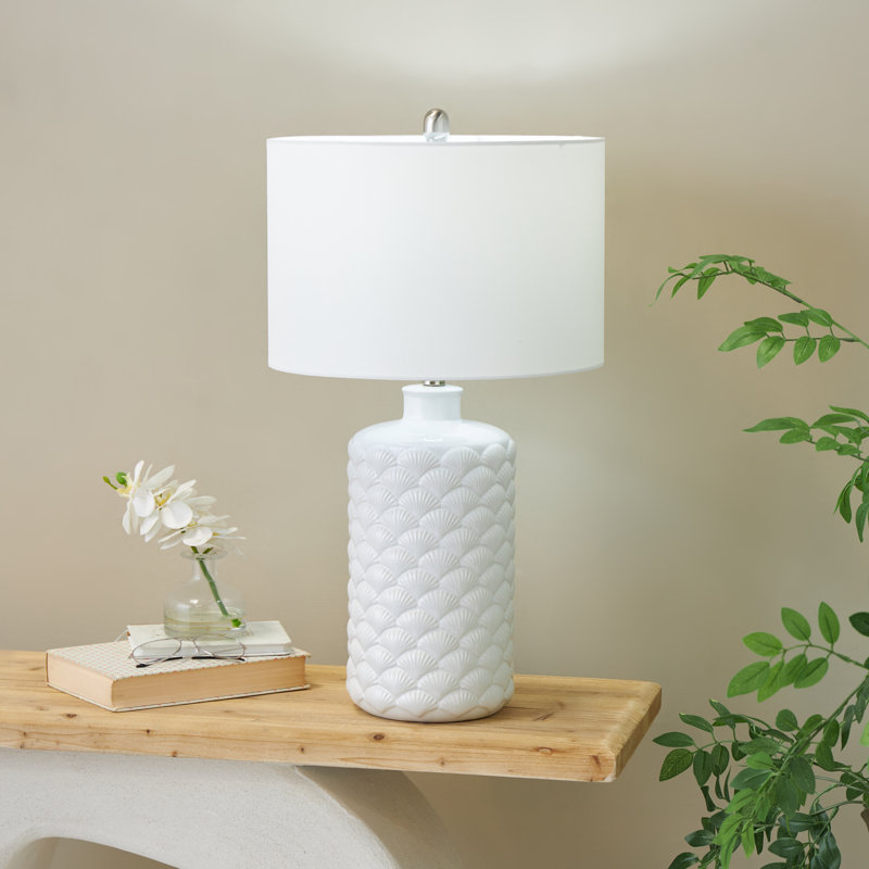 Lampe de table coquille encastrée en céramique blanche avec abat-jour tambour en lin