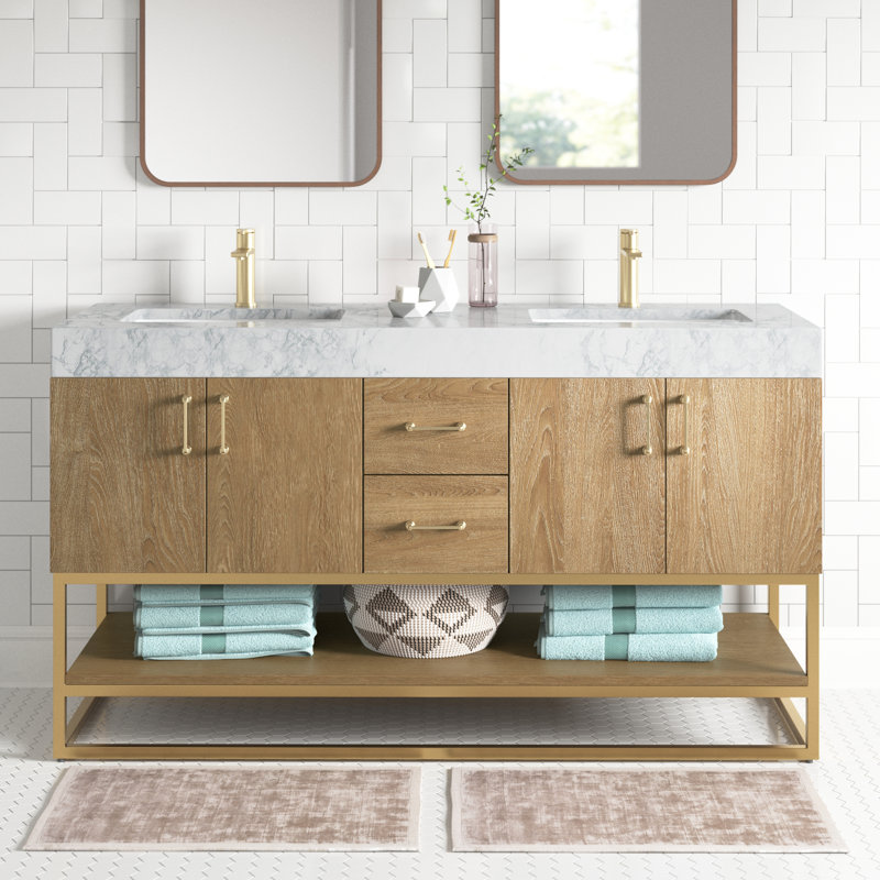 Ensemble de meuble-lavabo double 60 po Alistair, Or, Chêne naturel, Blanc