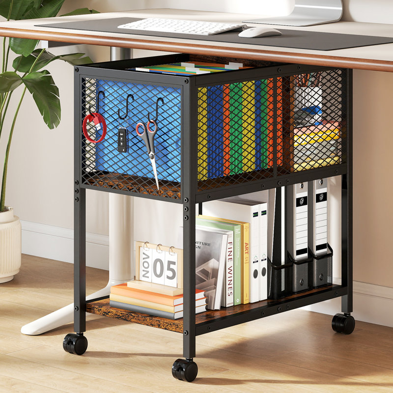 Rolling File Cart With Lockable Wheels, 2-tier Metal Mobile Filing Cabinet With Hanging File Bar & Mesh Storage, Rolling File Organizer For Letter Size Files, Home Office Storage Cart For Office, School, Garage, Rustic Brown