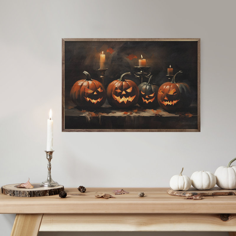 «Four Halloween Jack O Lanterns» sur bois, H 5 po x l 8 po x P 1,3 po