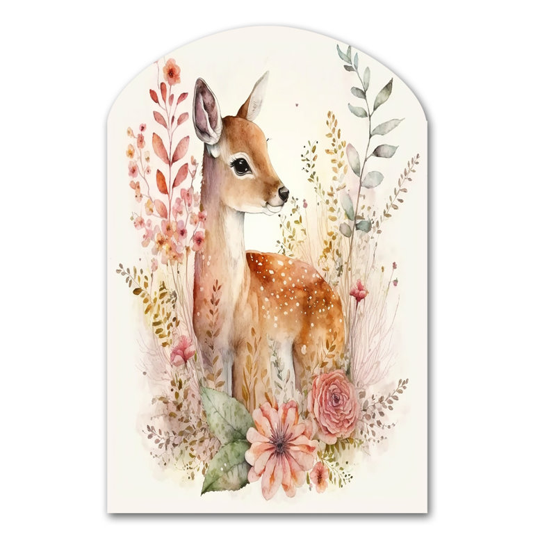 Mignon petit cerf avec fleurs roses - art animalier mural en forme d'arche, H 34 po x l 25 po