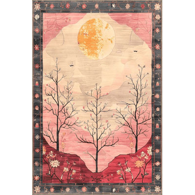 Paris Collection Pink Toned Autumn Trees and Moon Pattern Modern Decorative Machine Washable Rug