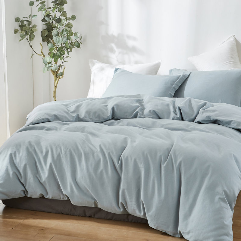 Ensemble de housse de couette en lin , Housse de couette grand et 2 taies d'oreiller stan, Bleu cendré