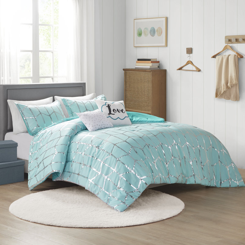 Aqua and Silver King Microfiber Comforter Set with Decorative Pillows