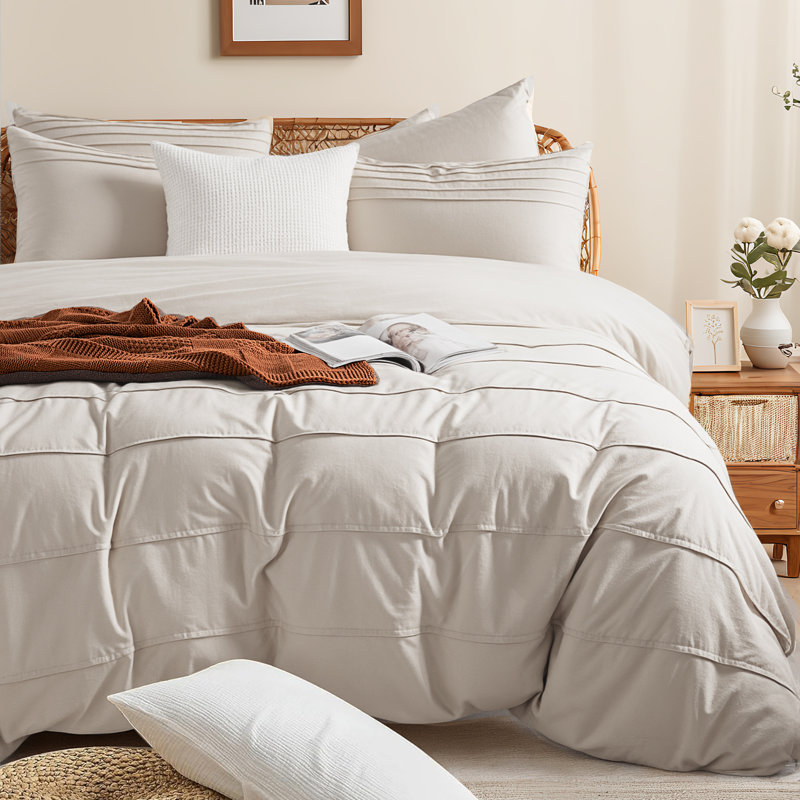 NEXHOME PRO 100% Organic Cotton Duvet Cover Full Size, Linen Like Pleated Textured Tannish Linen Grey Duvet Cover Set, 3pc Bedding Set with Zipper Closure, Soft, Breathable (80"x90", No Comforter)