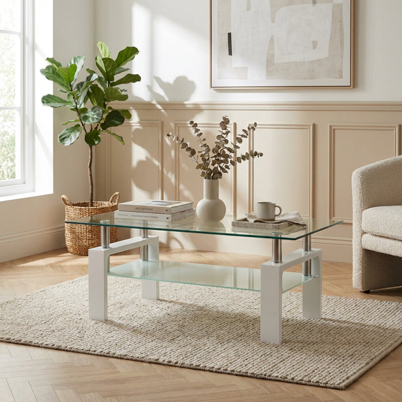 Contemporary Rectangular Glass Coffee Table with Iron Frame with Double Layer Storage Space, White
