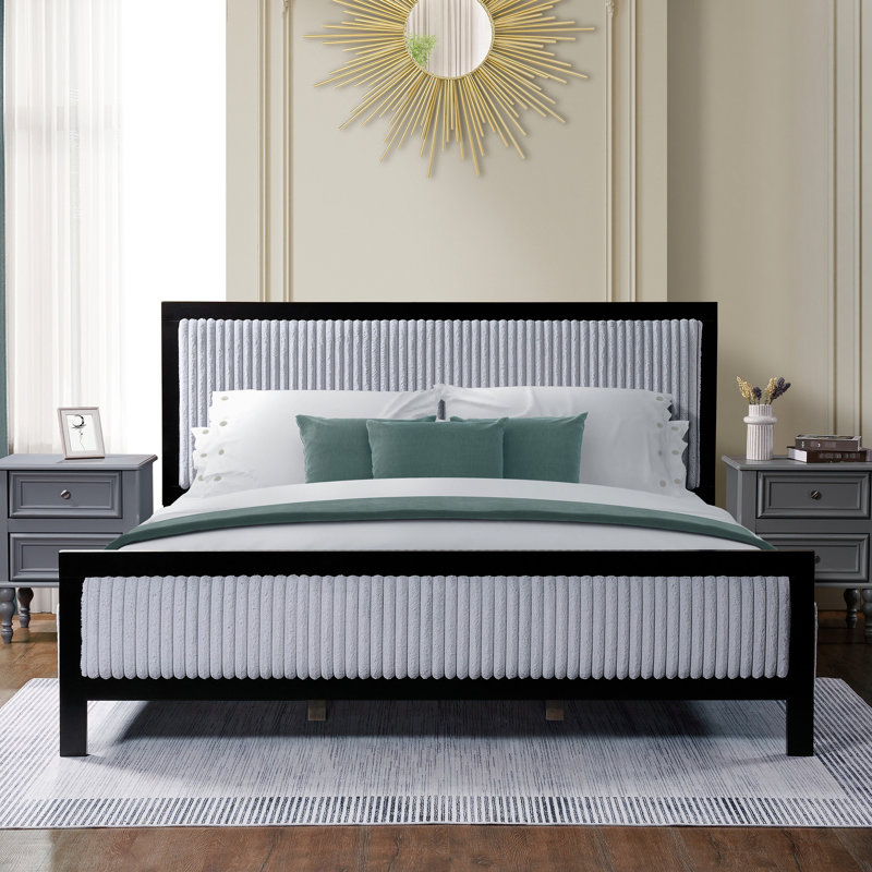 King Upholstered Bed, Fluffy Headboard, Black And Grey Design, Solid Rubber Wood Bed Frame, Silent Slats For Undisturbed Nights, Easy Installation In Bedroom Size Platform With Soft High - Strength