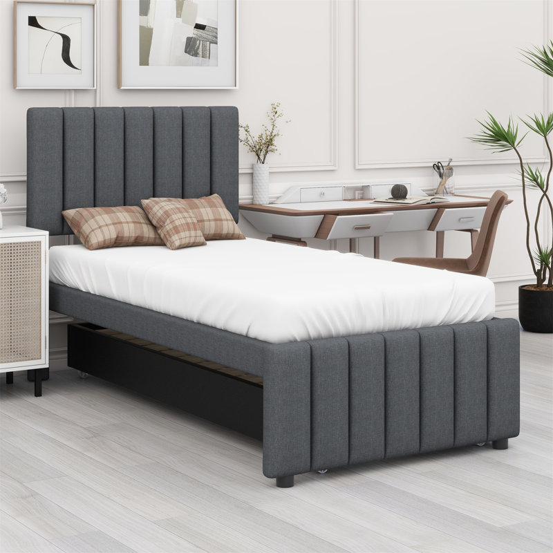 Lit simple avec lit gigogne escamotable et 3 tiroirs de rangement en dessous, lit plateforme simple tapissier en lin, Gris