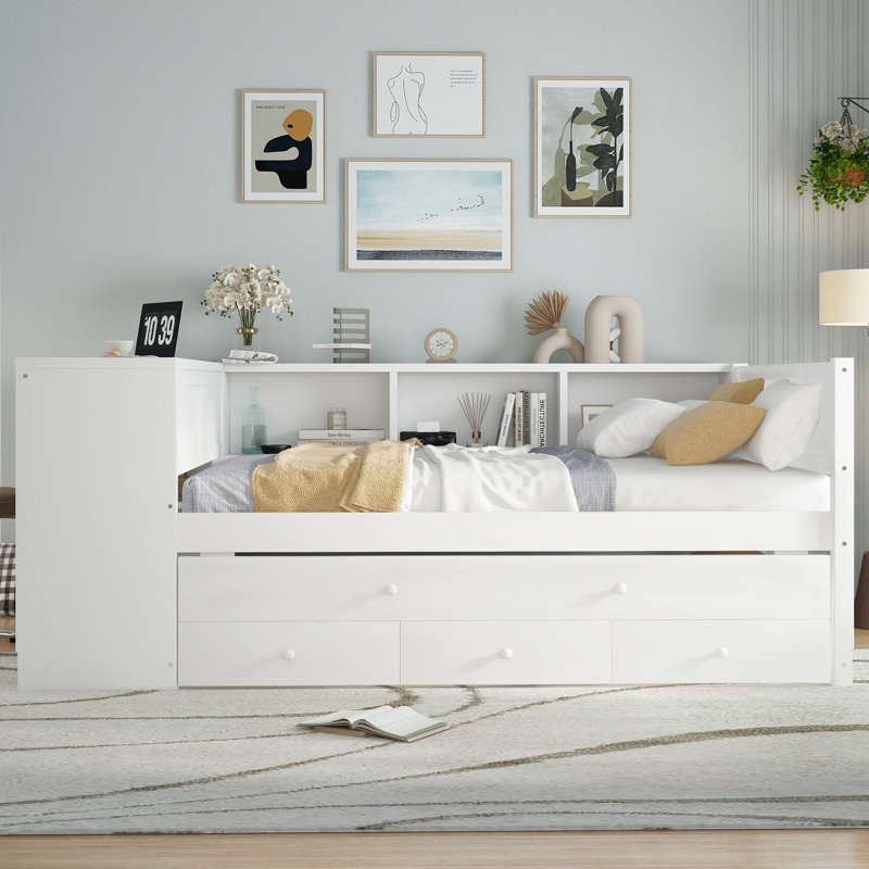 Full Size Daybed with Trundle, Wood Day Bed Frame with Storage Drawers and Side Shelves, Daybed with Desk, No Spring Box Needed