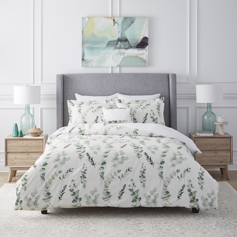 Eucalyptus Combed Cotton Full/Queen Printed Comforter Set Green, Édredon double / grand + quatre taies décorative