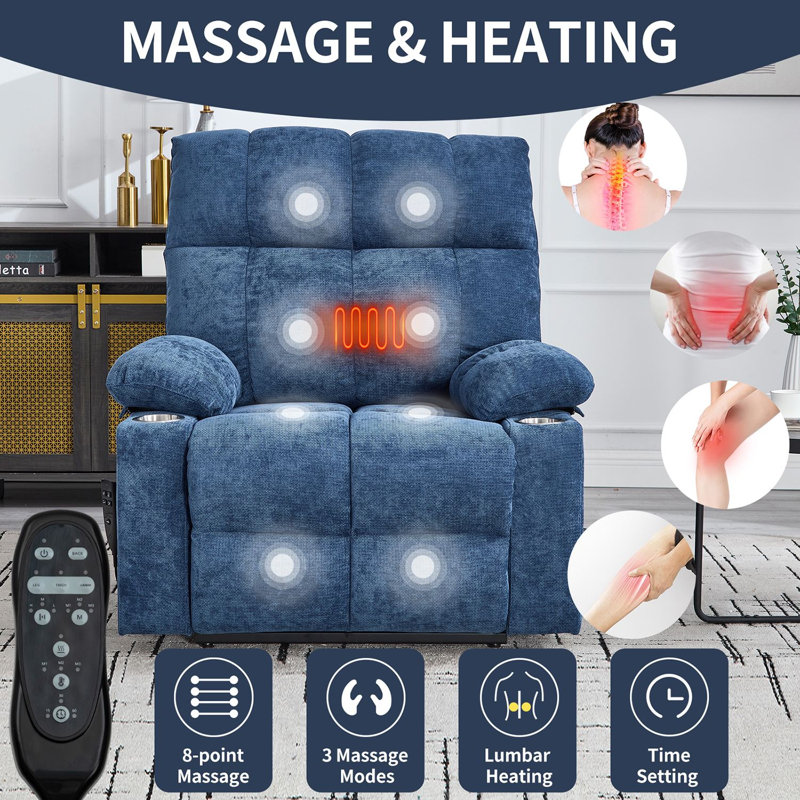Electric Power Lift Chenille Recliner With Heat And Massage, Blue