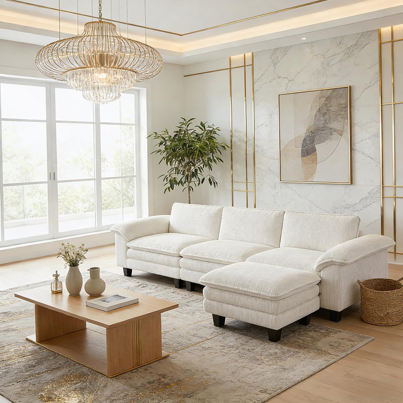 Canapé modulaire de luxe en forme de L avec accoudoirs coussinés et repose-pieds mobile pour une assise confortable, Beige