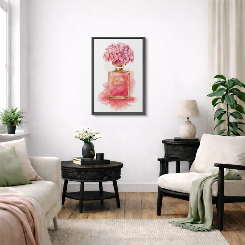 Œuvre d'art de bouteille de parfum rose, chambre à coucher, impression sur toile encadrée, H 24 po x l 16 po x P 1,5 po