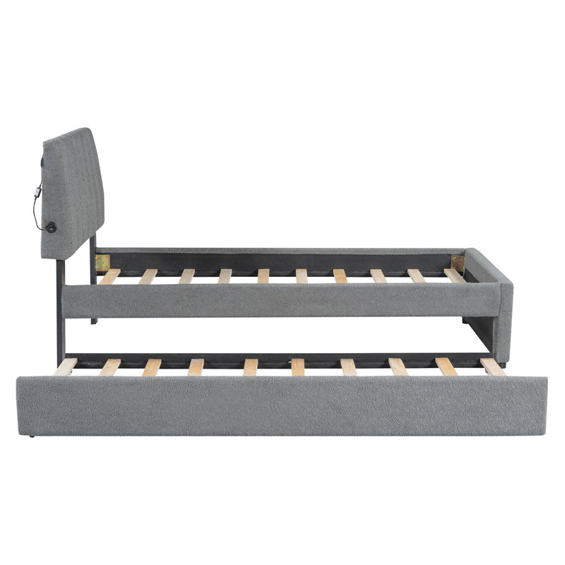 Lit plateforme tapissier simple avec lit gigogne Teddy, Gris