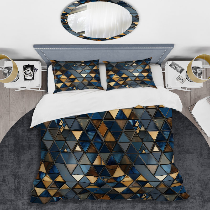 Natural Tones Grey And Beige Mosaic Geometric Shapes Duvet Cover, King Duvet Cover + 2 King Shams, Geometric Shapes 9