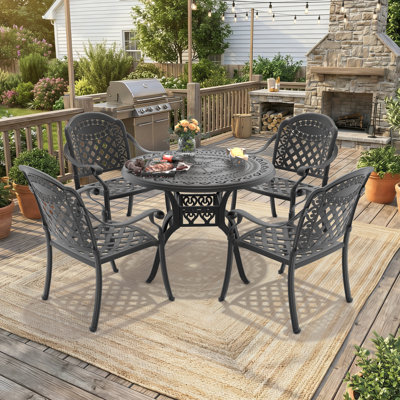 Ensemble de mobilier de salle à manger robuste en fonte d'aluminium, chaises de table rondes avec coussin rouge, utilisation sur la terrasse de la cour